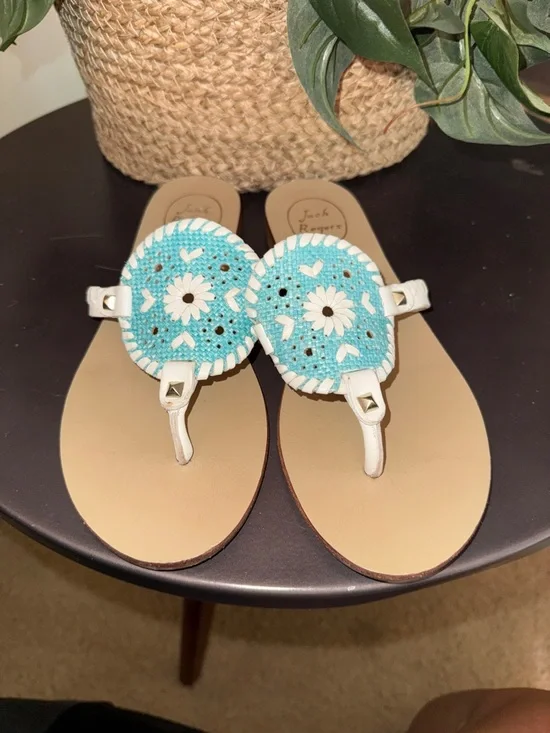Jack Rogers Turquoise White Daisy Leather Thong Sandals Size 7 - Picture 2 of 7